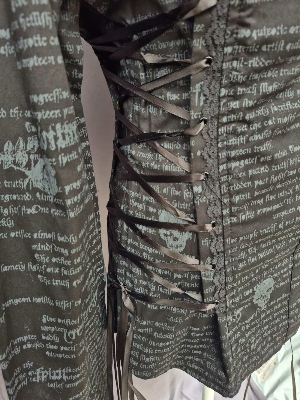 Vintage Lip Service "Morbid Curiosity" skull button-down, Lace Up corset top. - Picture 4 of 15